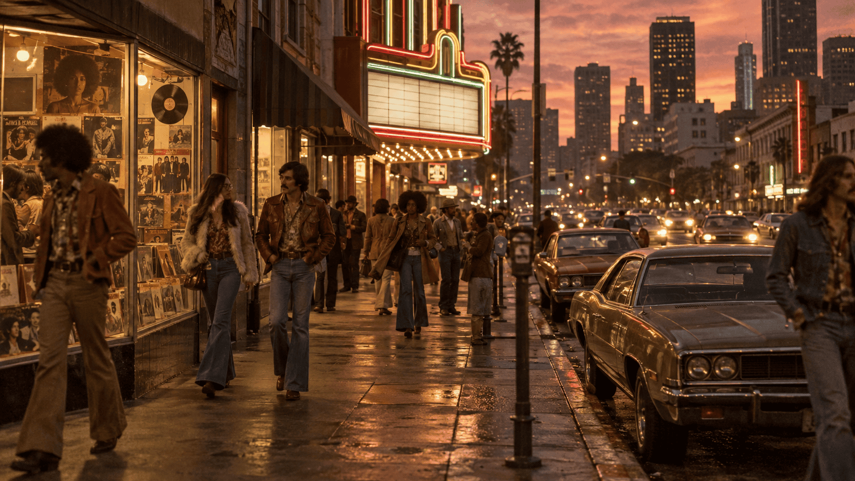 1970s city street nightlife with vintage cars, neon cinema lights, bell-bottom fashion and urban evening atmosphere