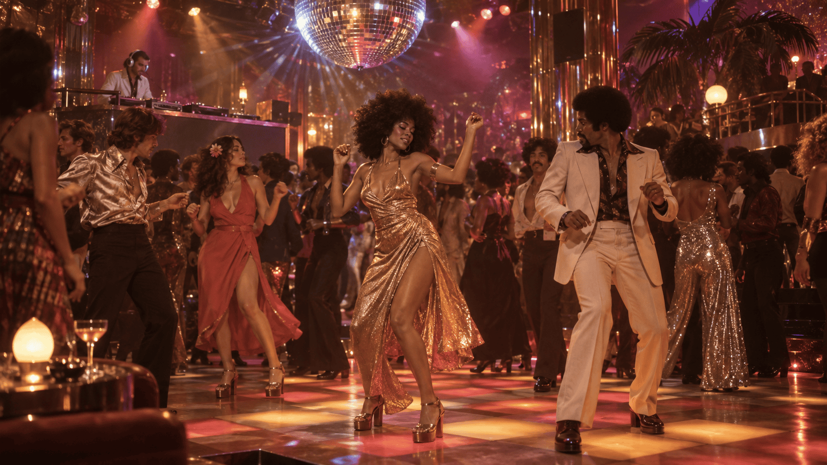 1970s disco nightclub with mirrored ball, glowing dance floor, platform shoes and glamorous late-1970s fashion