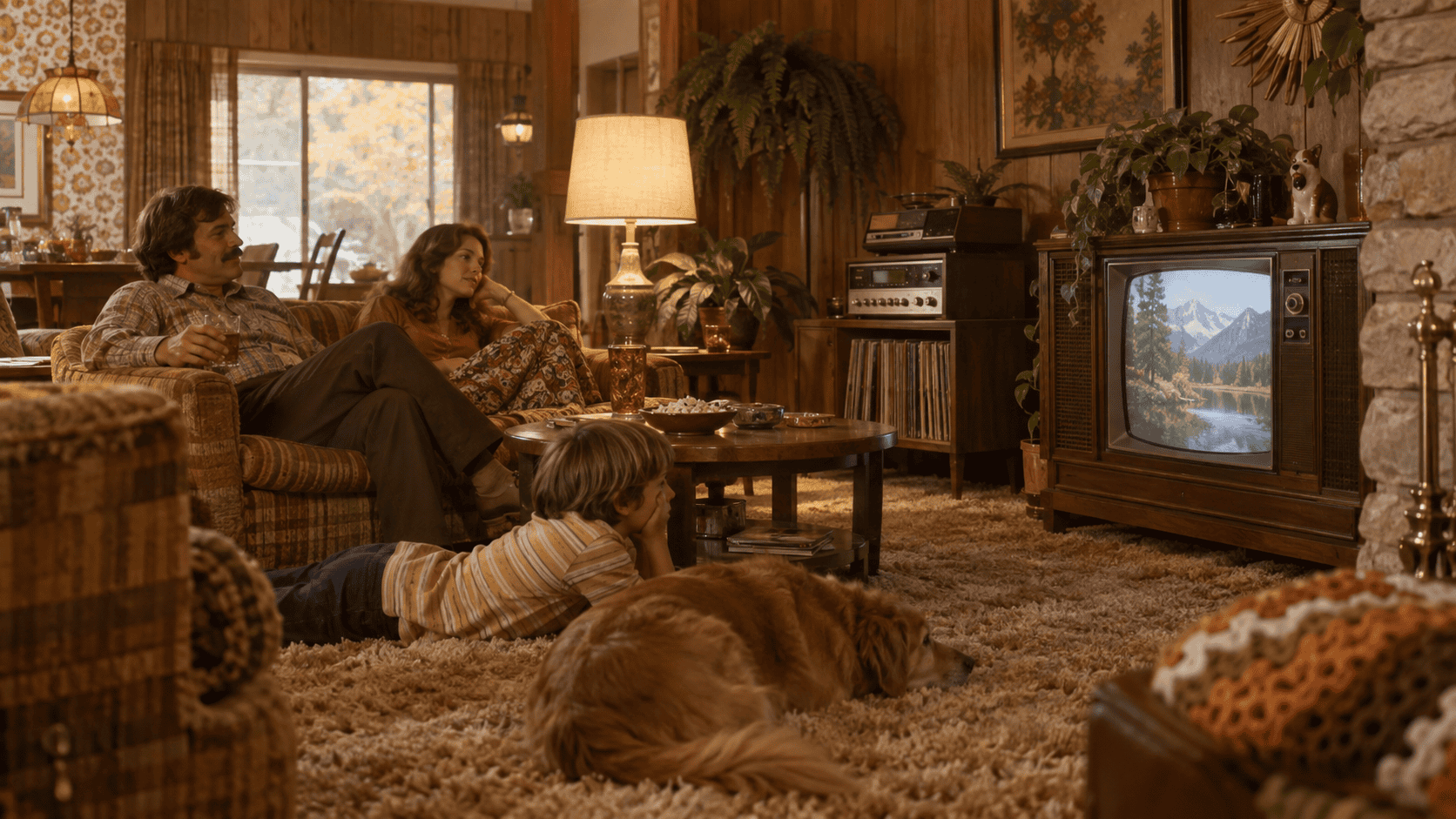 1970s suburban living room with shag carpet, wood paneling, console television and warm retro home decor